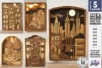 Conjunto de luminárias noturnas com corte a laser e paisagem urbana